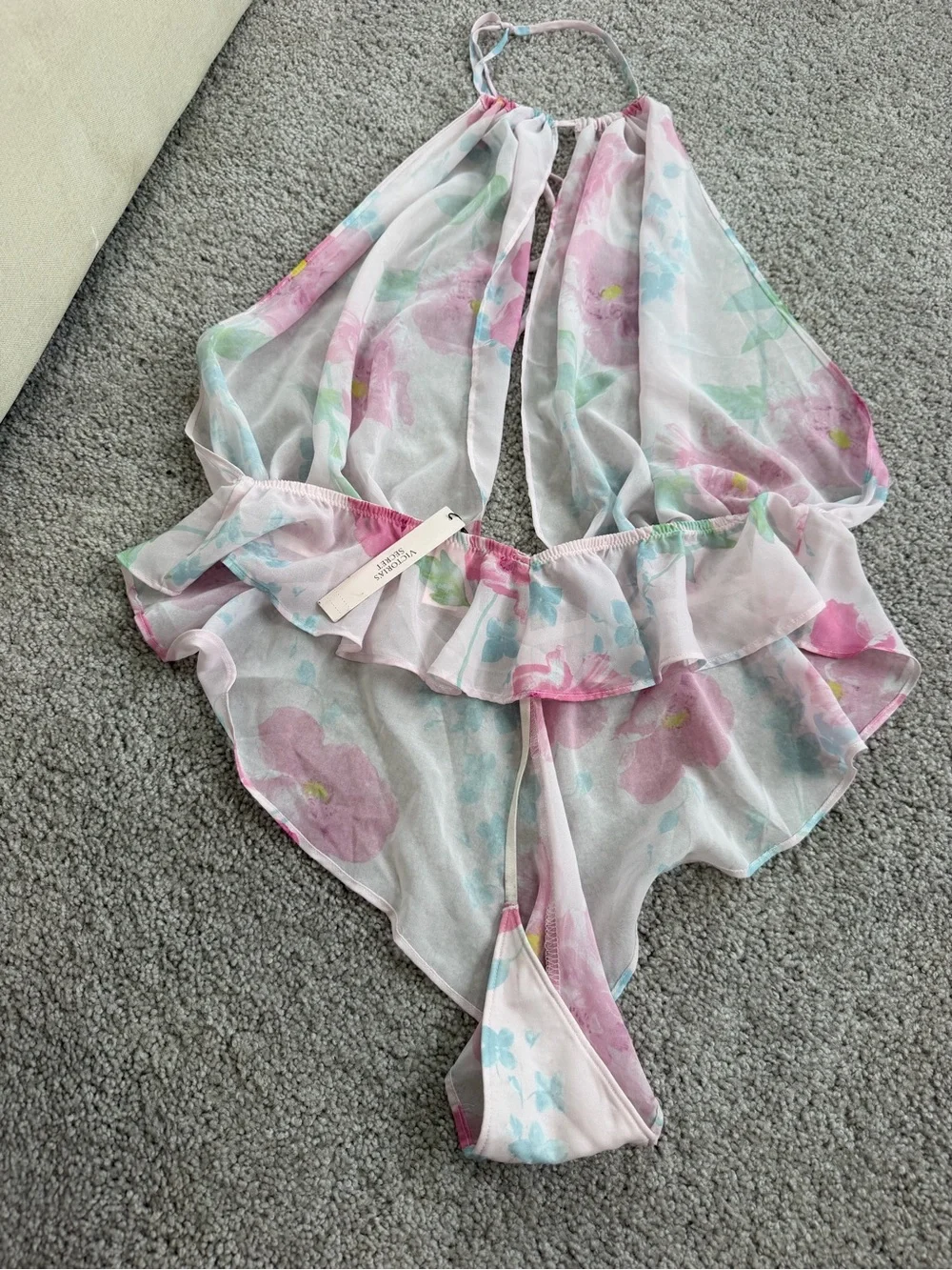 Victoria's Secret pink floral halter lingerie one piece romper size L